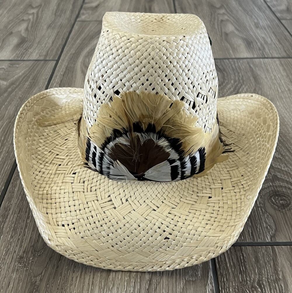 Vintage U-Rollit Boys Junior Straw Cowboy Hat Western Feathers Embroidered 6 1/2